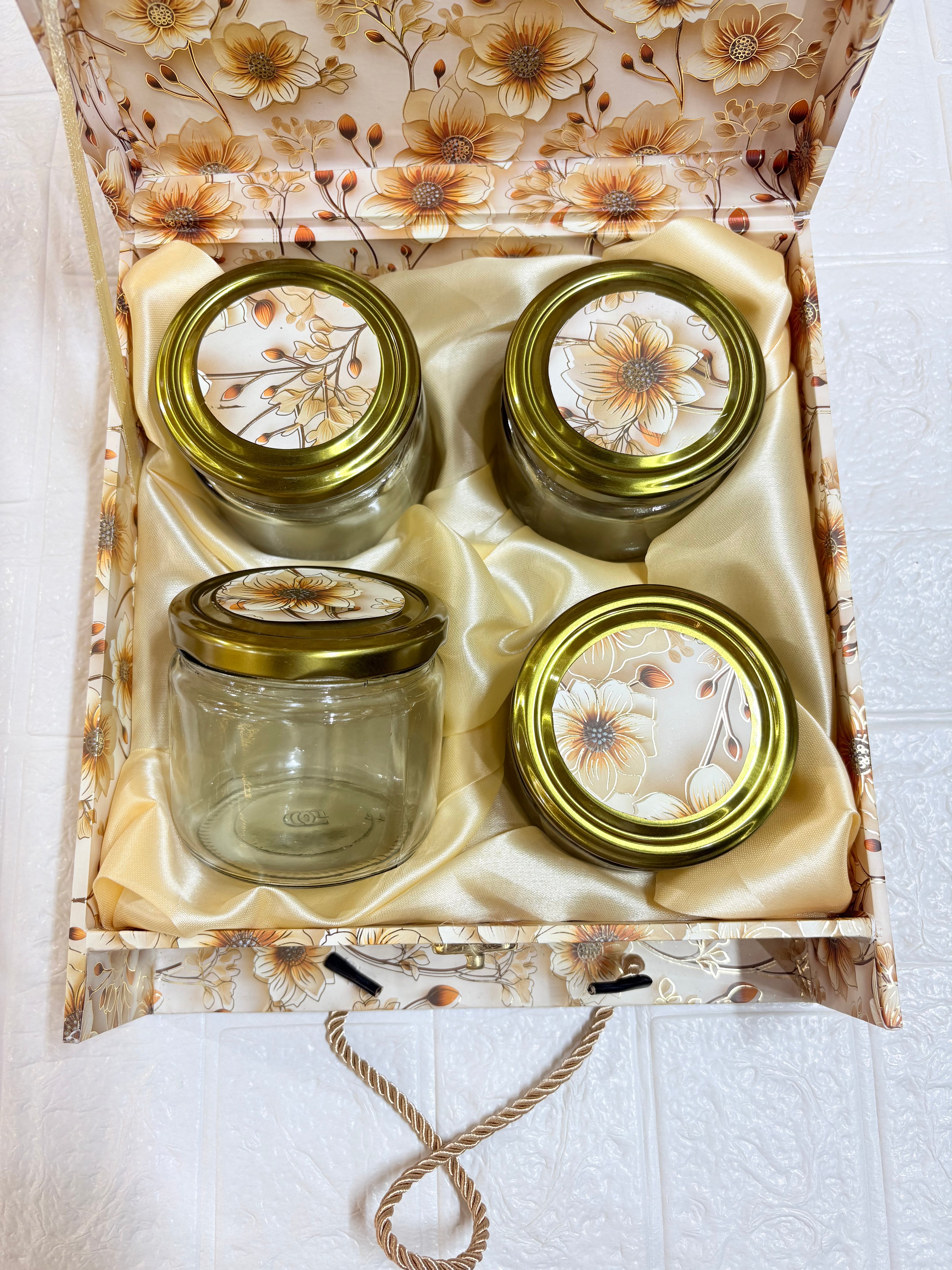 Premium Dry Fruit Gift Box with 4 Designer Glass Jars – Elegant Packaging for Festive & Corporate Gifting