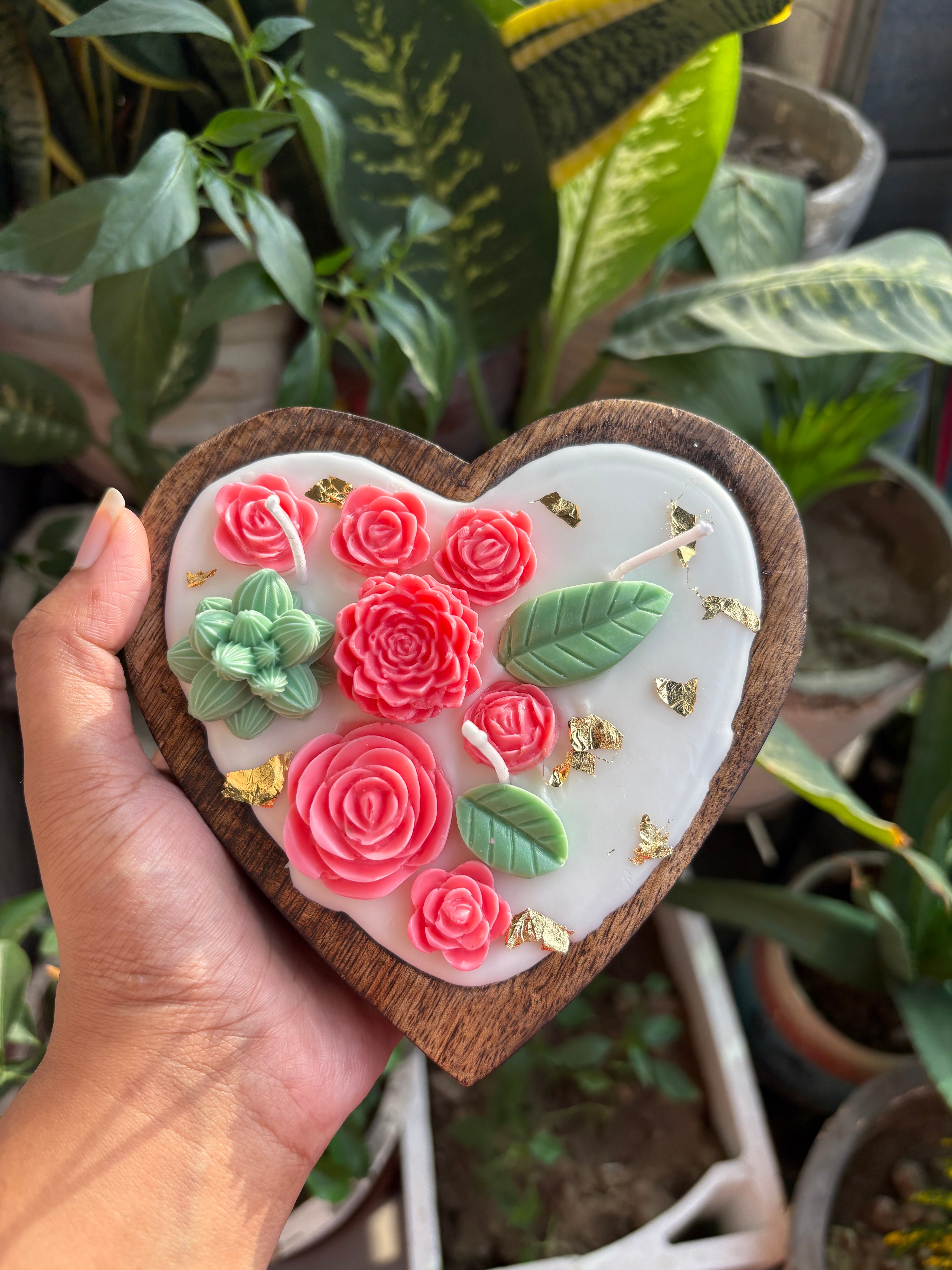 Heart-Shaped Soy Wax Candle in Wooden Bowl